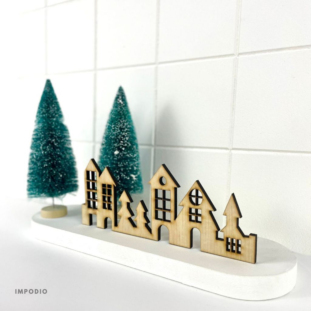 IMPODIO Set Ornamen Natal Natural Wood Bentuk Gereja Bangunan Rumah - Christmas Decoration Props Foto Product