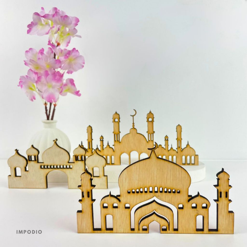 IMPODIO Set 3 Pcs Ornamen lebaran Eid Mubarak Decoration Natural Wood Bentuk Masjid Bangunan Gedung -  Props Foto Product