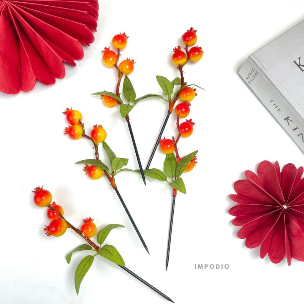 IMPODIO Fake Pomme Granate Fruit Branch - Tangkai Bunga Delima Dekorasi Imlek Chinese Newyear Props Foto