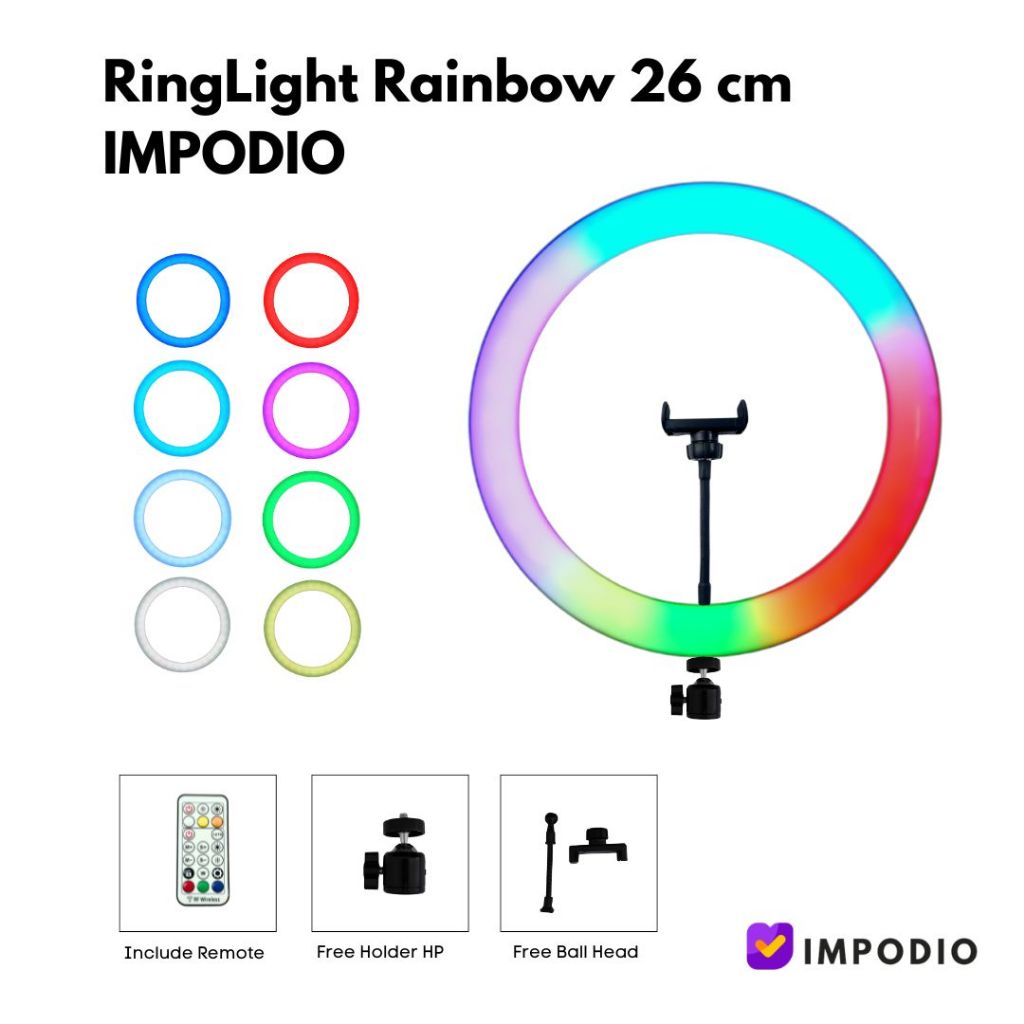 IMPODIO Ringlight Rainbow 26 CM Lampu RGB Bulat warna warni