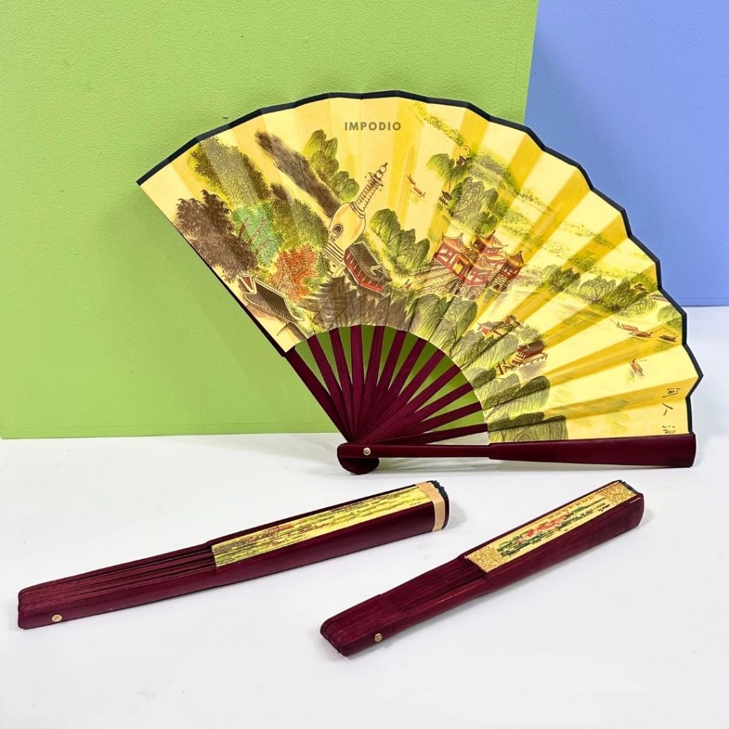 IMPODIO Kipas kain lipat motif lukisan china bolak balik oriental style - dekorasi imlek chinese new year