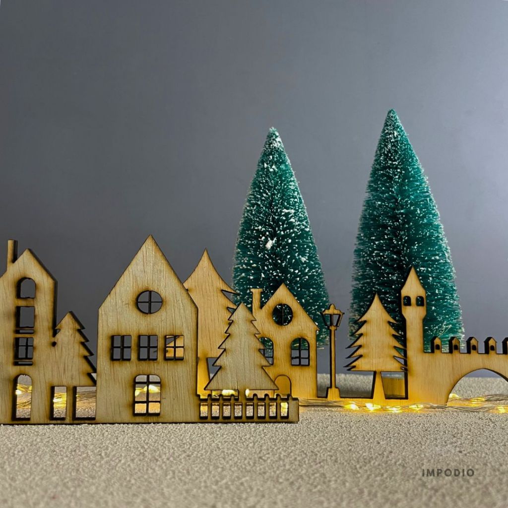 IMPODIO Set Ornamen Natal Natural Wood Bentuk Gereja Bangunan Rumah - Christmas Decoration Props Foto Product