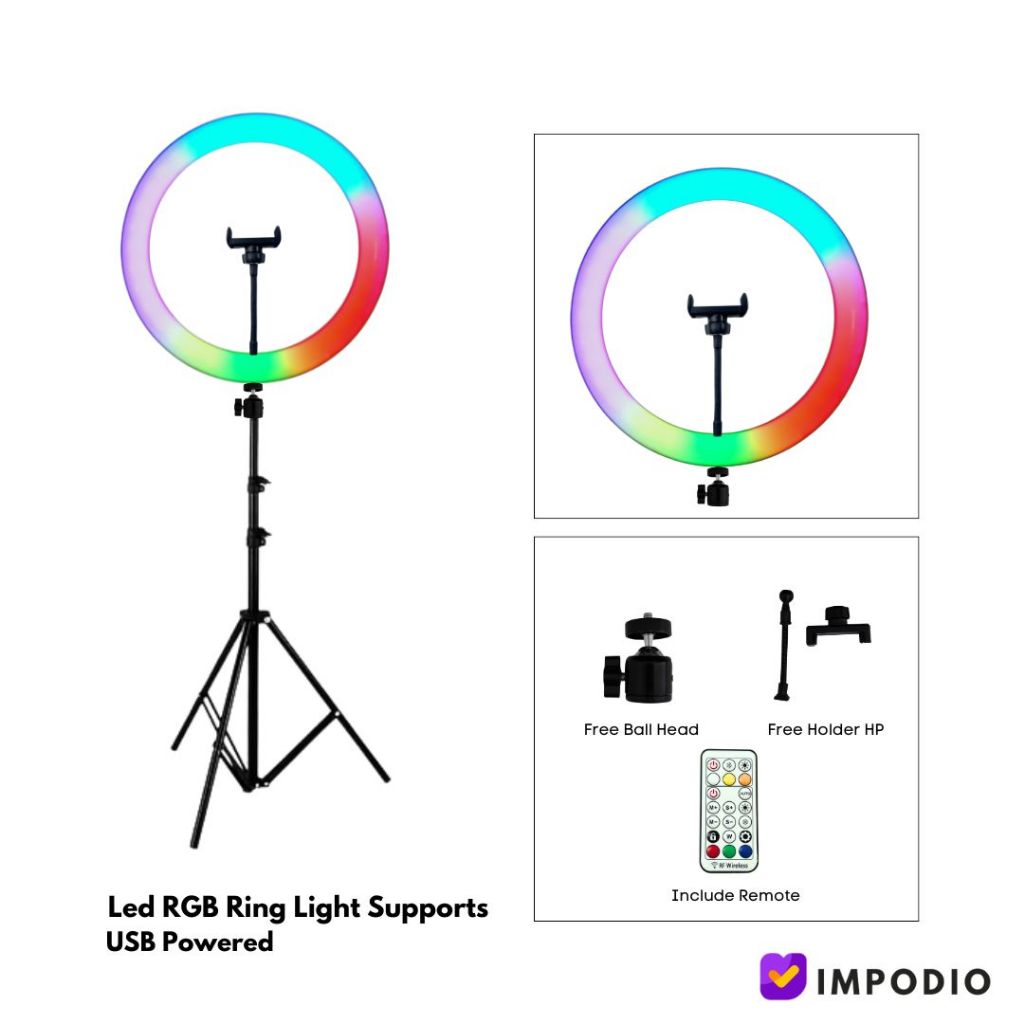 IMPODIO Ringlight Rainbow 26 CM Lampu RGB Bulat warna warni - detail produk