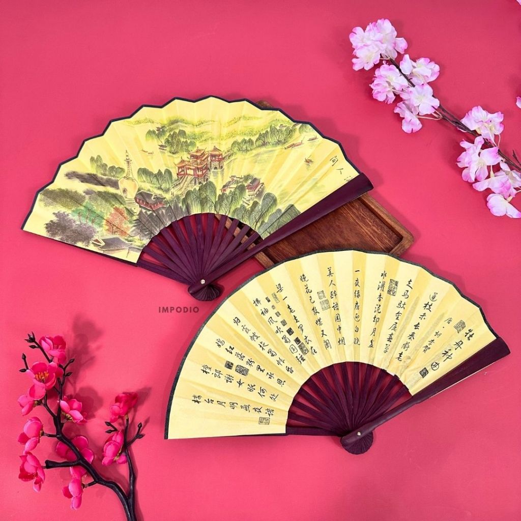 IMPODIO Kipas kain lipat motif lukisan china bolak balik oriental style - dekorasi imlek chinese new year