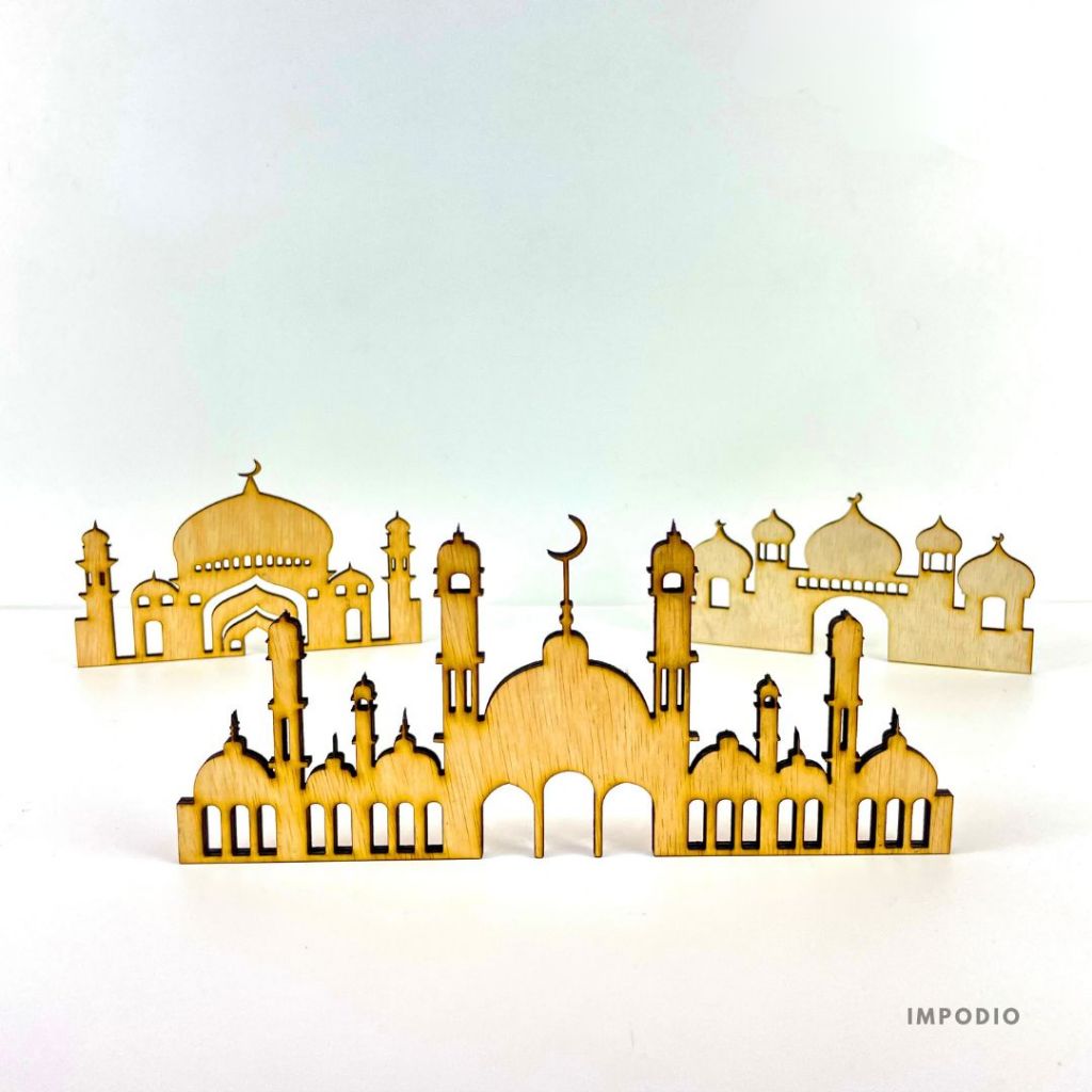 IMPODIO Set 3 Pcs Ornamen lebaran Eid Mubarak Decoration Natural Wood Bentuk Masjid Bangunan Gedung -  Props Foto Product