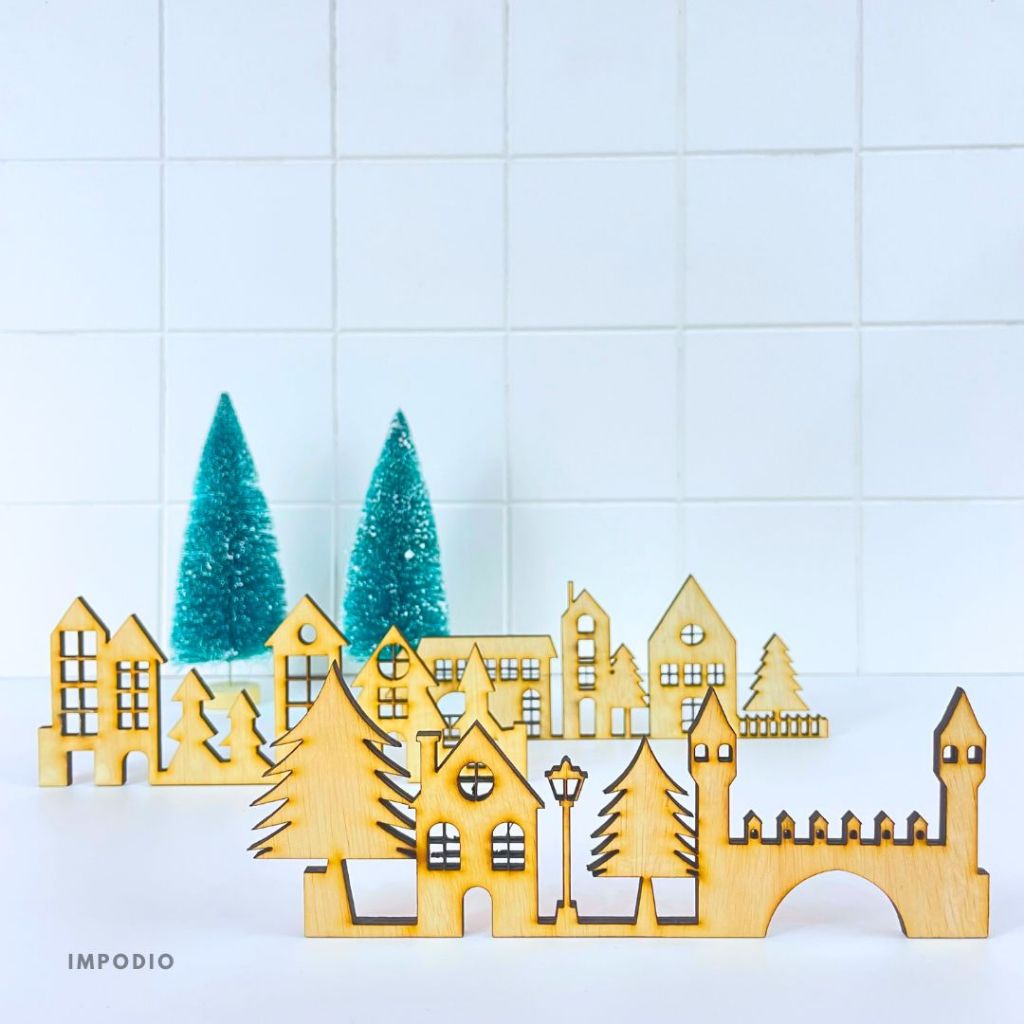 IMPODIO Set Ornamen Natal Natural Wood Bentuk Gereja Bangunan Rumah - Christmas Decoration Props Foto Product