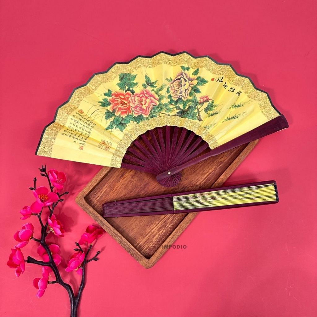 IMPODIO Kipas kain lipat motif lukisan china bolak balik oriental style - dekorasi imlek chinese new year
