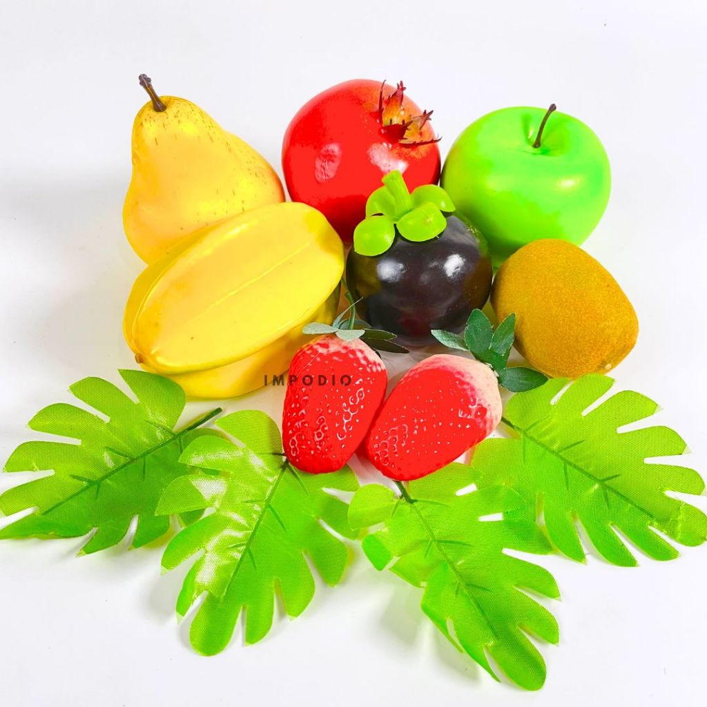 IMPODIO Paket Buah JUMBO Artificial Palsu - Fake Fruit Full Size FREE Daun Monstera Set Props Foto