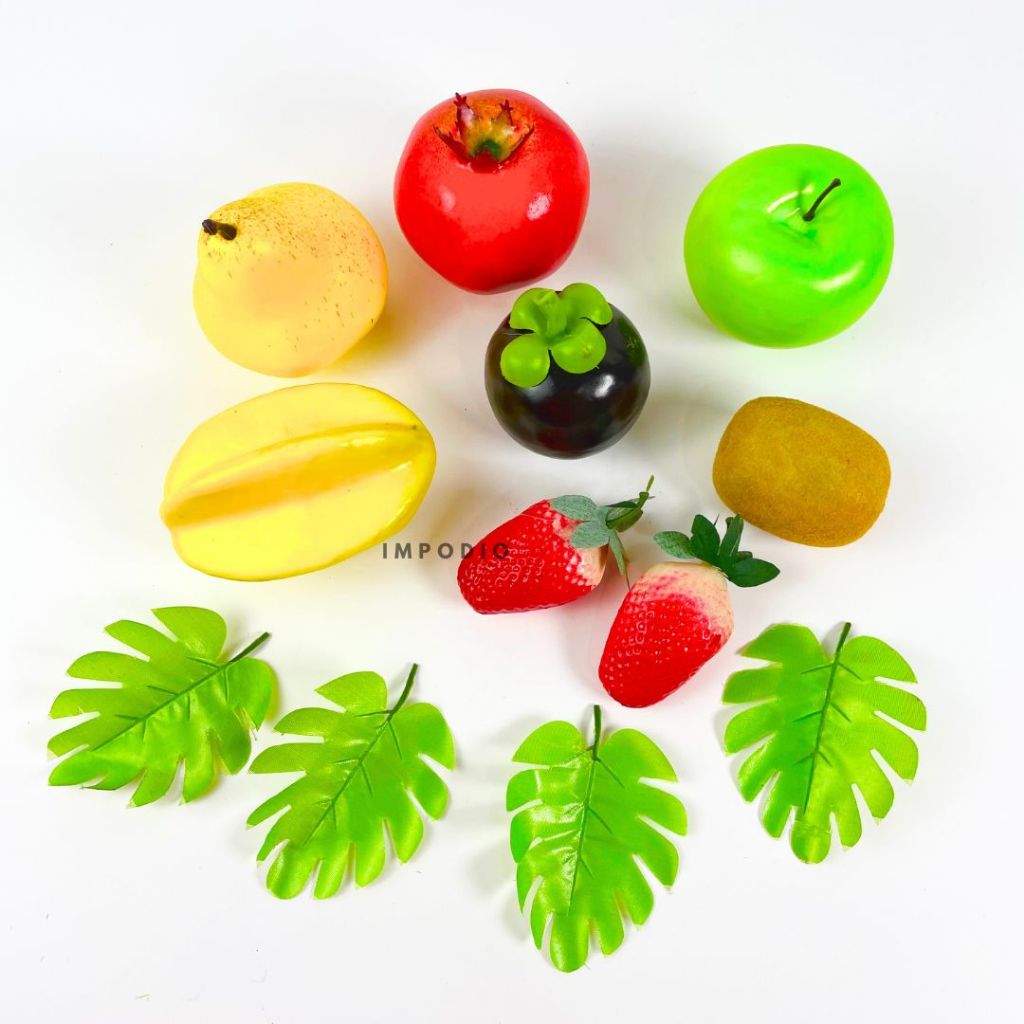 IMPODIO Paket Buah JUMBO Artificial Palsu - Fake Fruit Full Size FREE Daun Monstera Set Props Foto