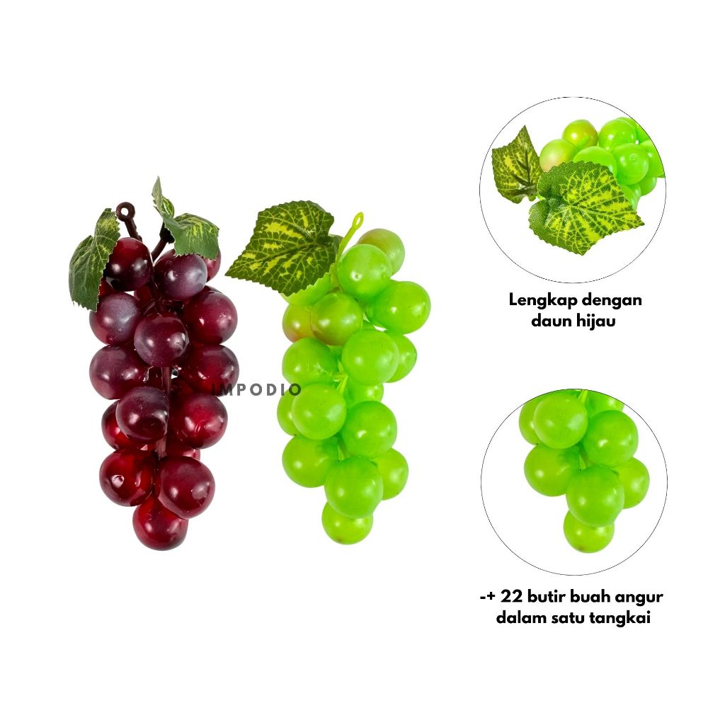 IMPODIO Buah Artificial Anggur 2 warna - Buah Palsu Dekorasi Foto - tampak samping
