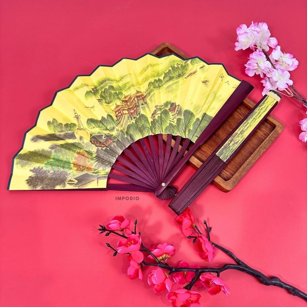 IMPODIO Kipas kain lipat motif lukisan china bolak balik oriental style - dekorasi imlek chinese new year