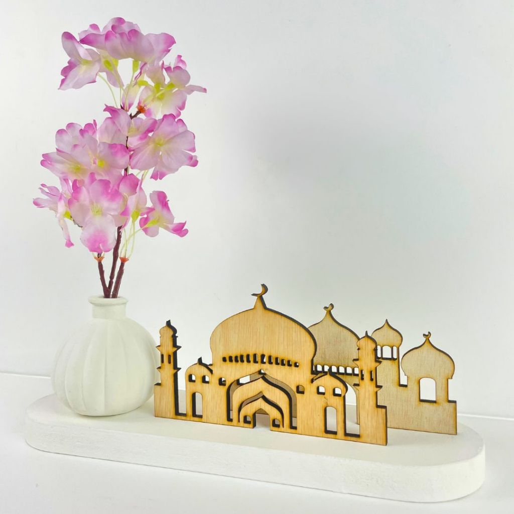 IMPODIO Set 3 Pcs Ornamen lebaran Eid Mubarak Decoration Natural Wood Bentuk Masjid Bangunan Gedung -  Props Foto Product