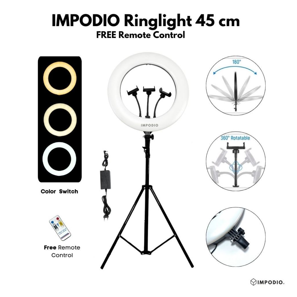 IMPODIO LED Ringlight JUMBO 45cm + Stand 2M - Lighting For Beauty Vlogger Livestreaming Selfie Video