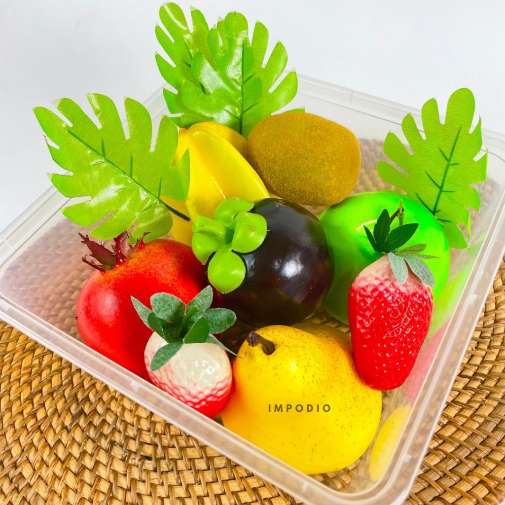 IMPODIO Paket Buah JUMBO Artificial Palsu - Fake Fruit Full Size FREE Daun Monstera Set Props Foto