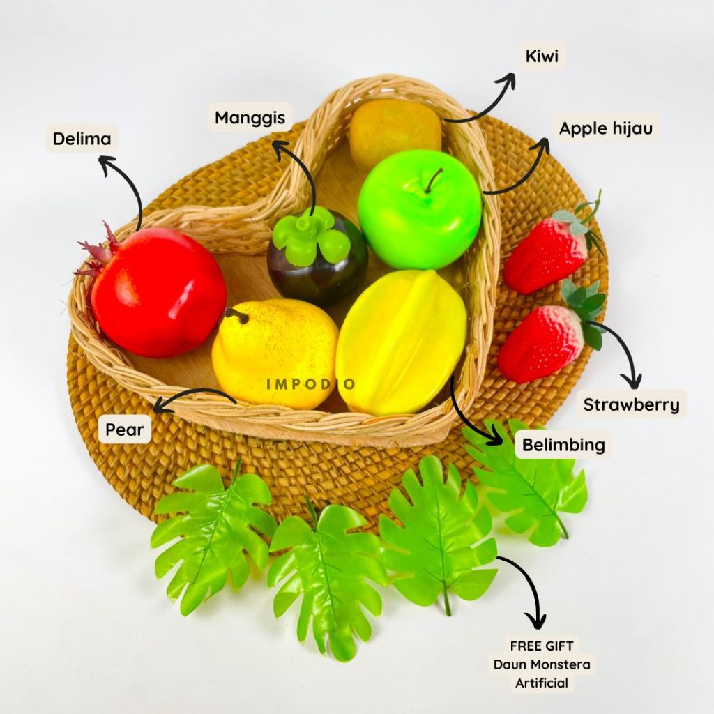 IMPODIO Paket Buah JUMBO Artificial Palsu - Fake Fruit Full Size FREE Daun Monstera Set Props Foto