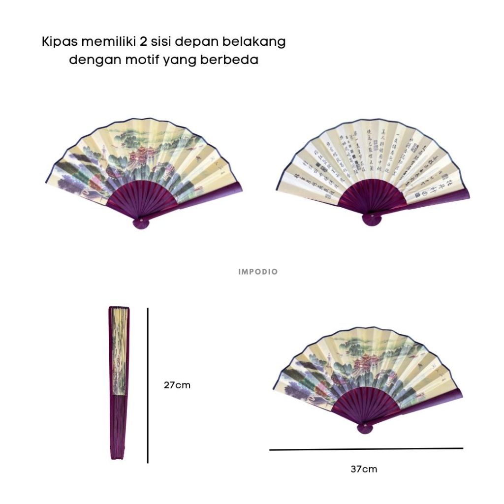 IMPODIO Kipas kain lipat motif lukisan china bolak balik oriental style - dekorasi imlek chinese new year