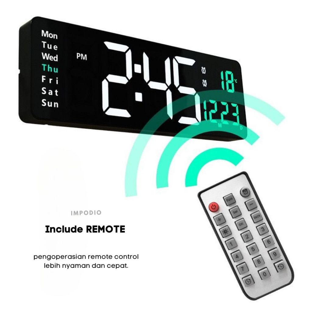 IMPODIO Jam Dinding Digital LED Alarm Timer Calendar Minimalist Multifungsi With Remote - Smart Watch Props Photography