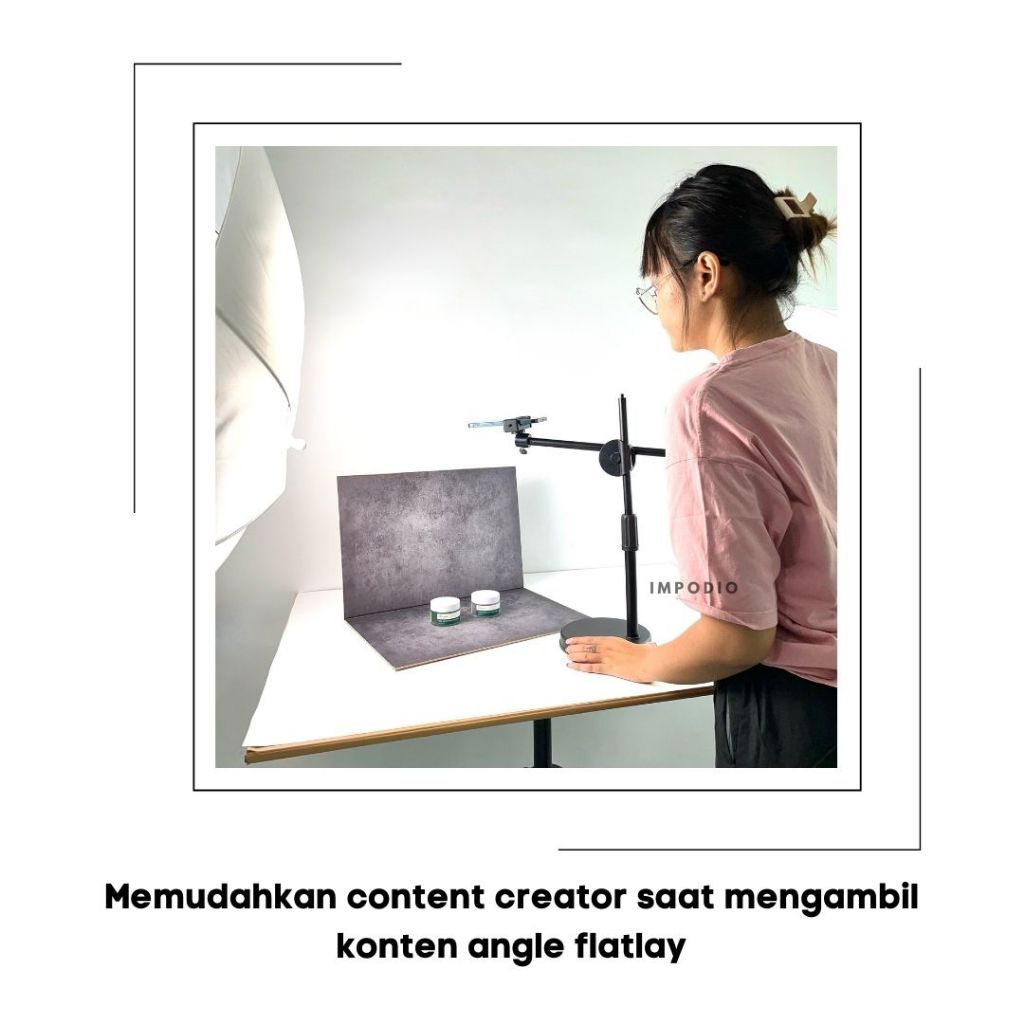 IMPODIO Overhead Phone Stand Holder 360 Rotation + Led Fill Light - Tripod Meja Konten Live Streaming