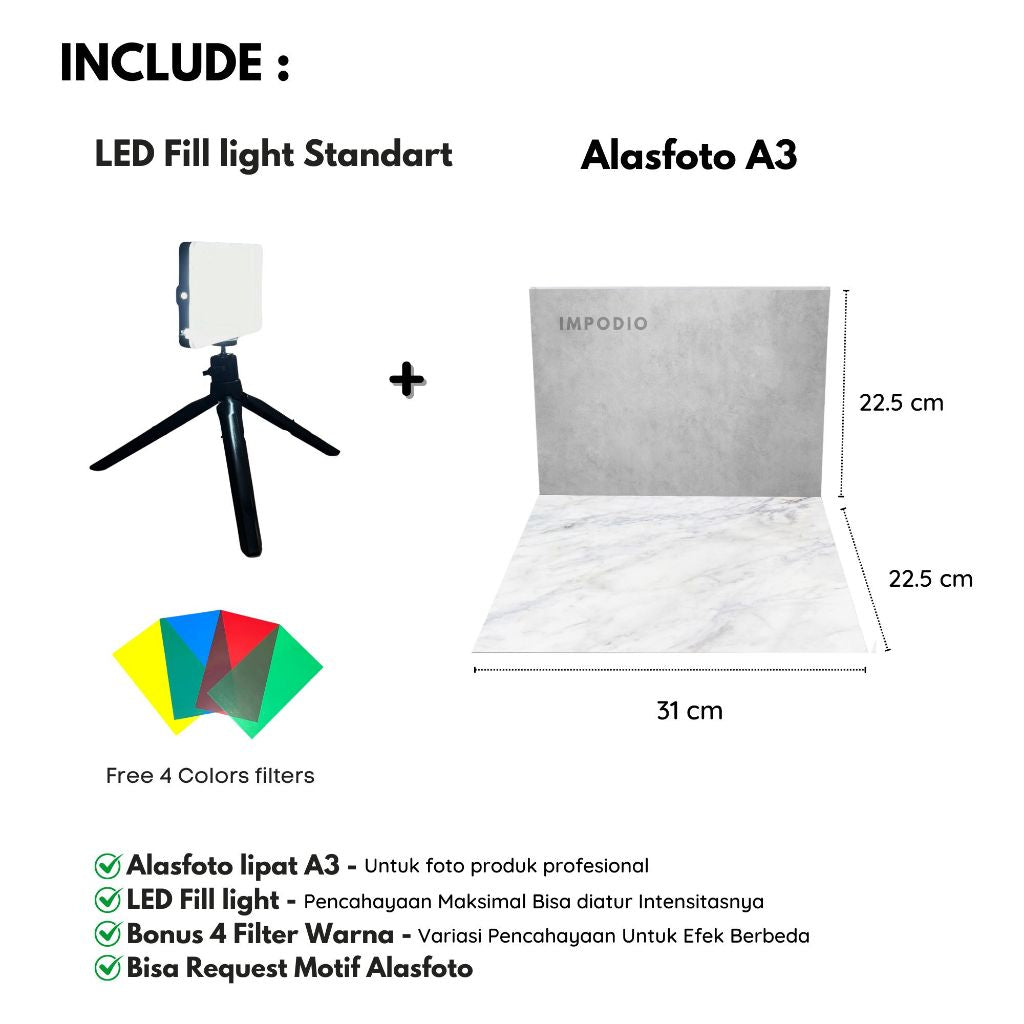 IMPODIO Paket Alasfoto SMALL + LED Fill Light -Bundle Kit Fotografi Produk