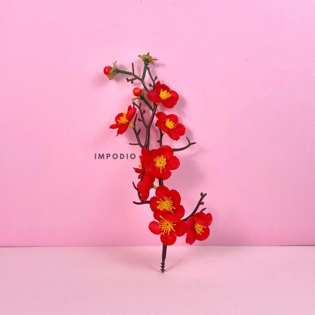 Bunga Sakura Merah IMPODIO Plastik Cherry Blossom Flower Artificial - Dekorasi Imlek