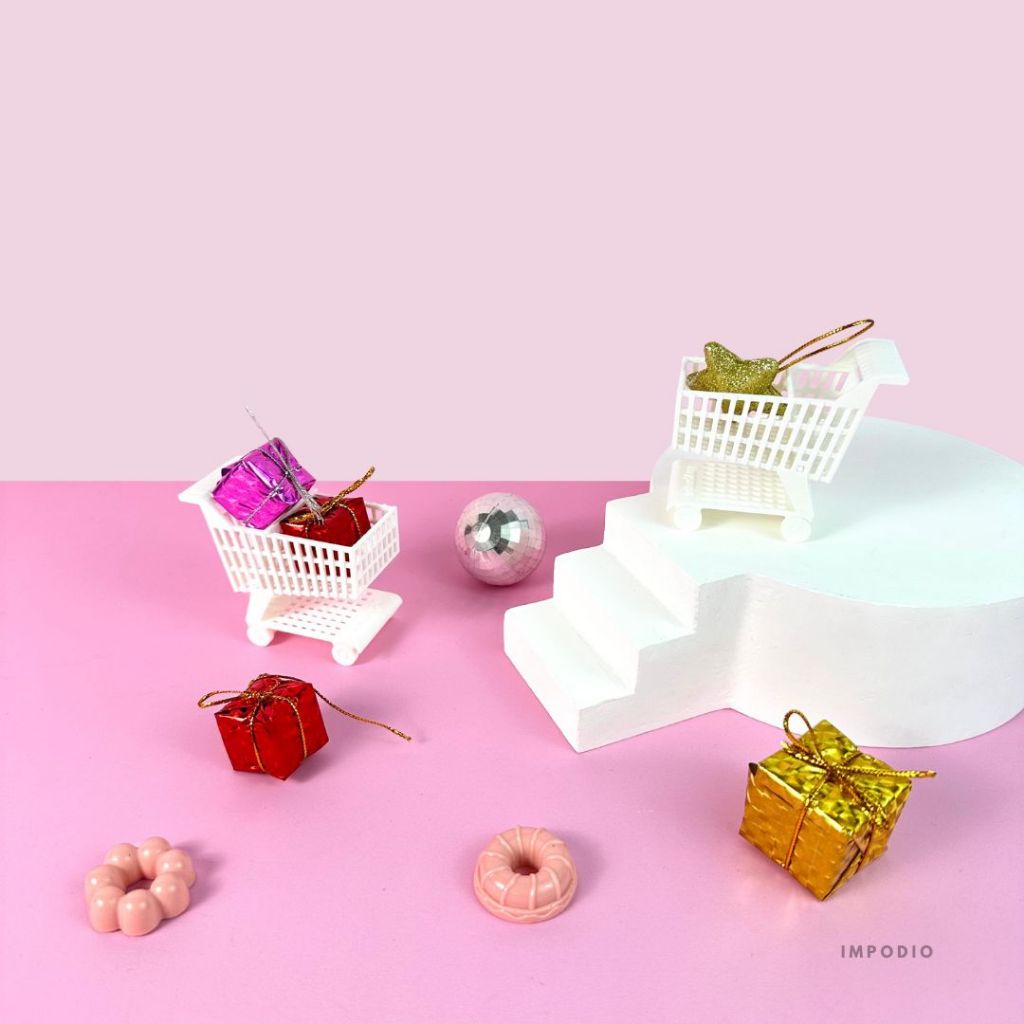 IMPODIO Trolley Mini Keranjang Belanja Supermarket - Miniatur Troli Resin Props Photography