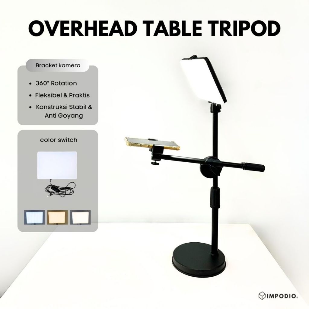 IMPODIO Overhead Phone Stand Holder 360 Rotation + Led Fill Light - Tripod Meja Konten Live Streaming