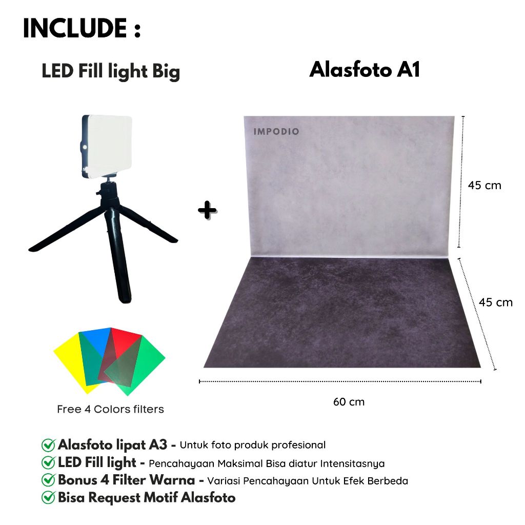 IMPODIO Paket Alasfoto LARGE + LED Fill Light - Bundle Kit Fotografi Produk