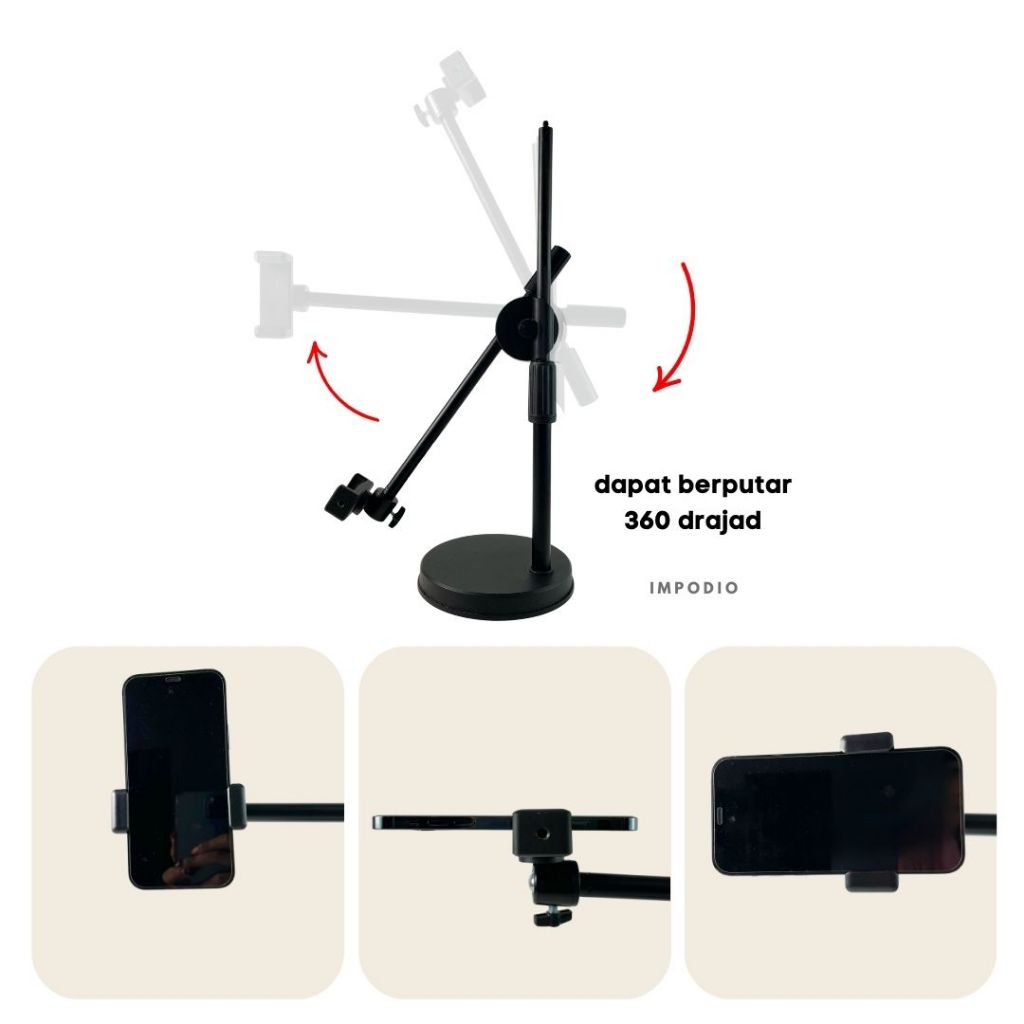 IMPODIO Overhead Phone Stand Holder 360 Rotation + Led Fill Light - Tripod Meja Konten Live Streaming