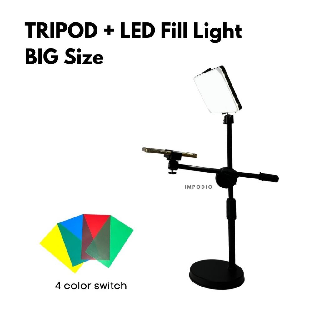 IMPODIO Overhead Phone Stand Holder 360 Rotation + Led Fill Light - Tripod Meja Konten Live Streaming