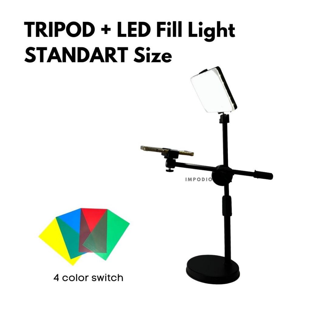 IMPODIO Overhead Phone Stand Holder 360 Rotation + Led Fill Light - Tripod Meja Konten Live Streaming