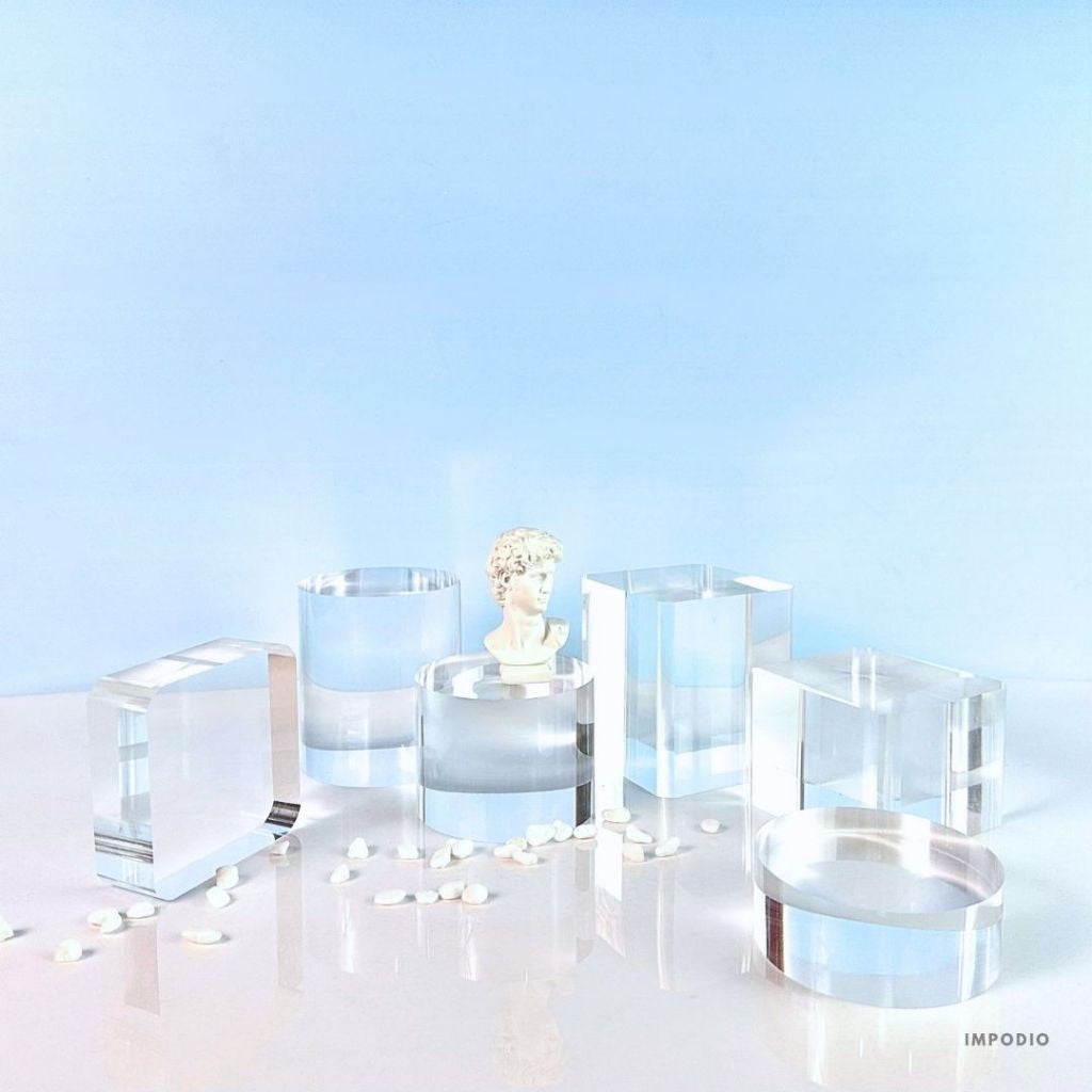 IMPODIO Set 3pcs Akrilik Silinder Kubus Dan Tabung - Clear Acrylic Display Props Produk Fotografi