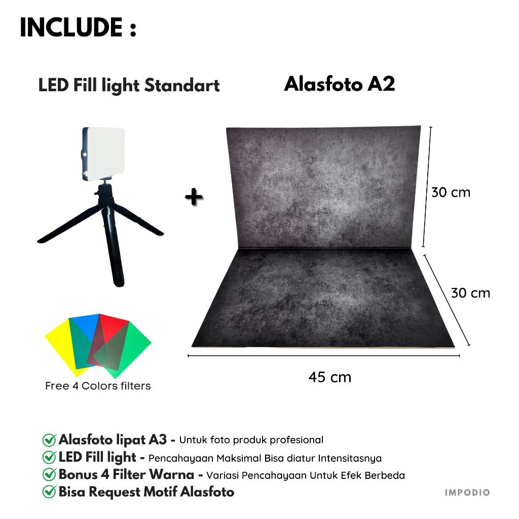 IMPODIO Paket Alasfoto MEDIUM + LED Fill Light -Bundle Kit Fotografi Produk