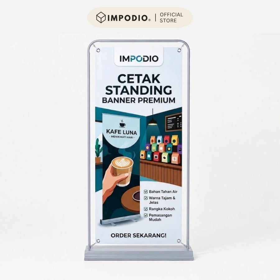 IMPODIO Banner Standing Frame Poster Display 80x180cm - Stand Banner Custom Kokoh untuk Promosi Toko Cafe Pameran dan Event Organizer
