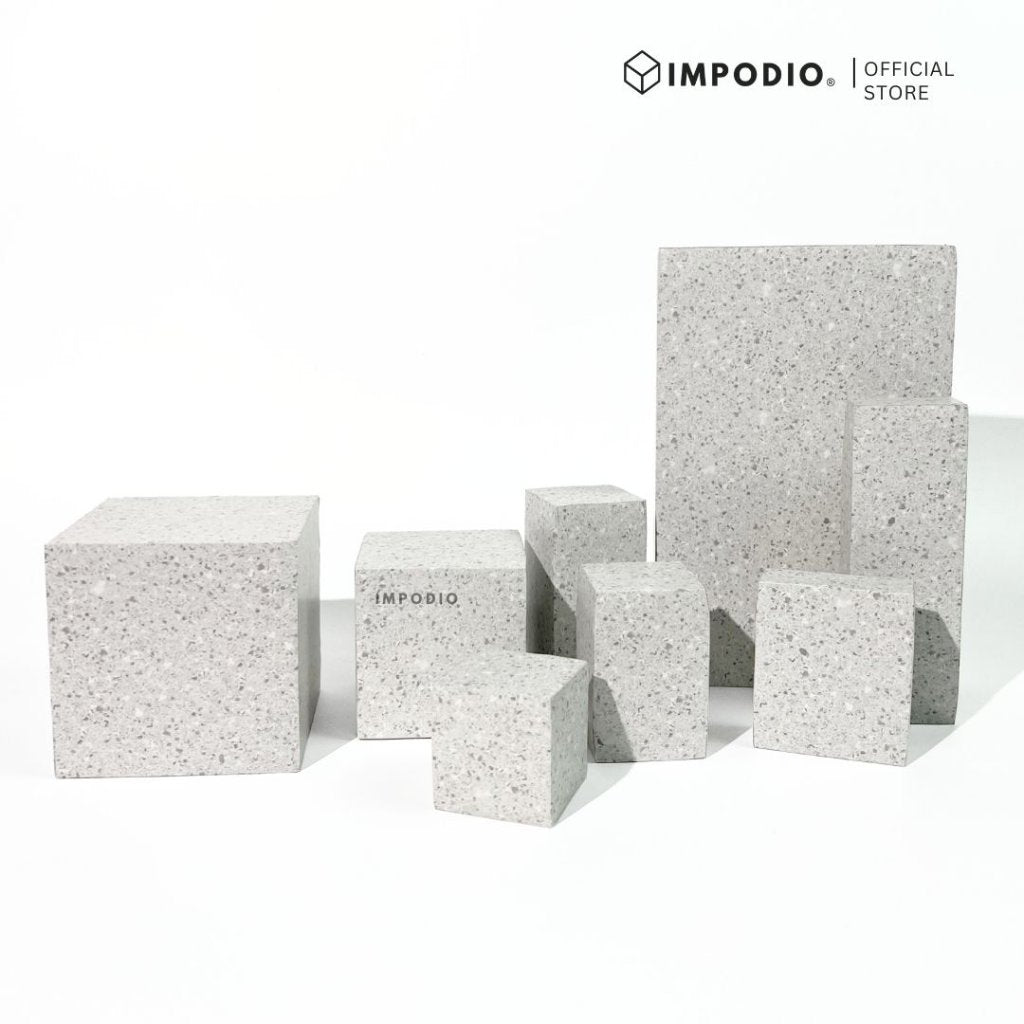 IMPODIO Display Stand Kayu Motif Terrazzo - Kubus Geometri Display Props foto Produk Skincare & Perhiasan