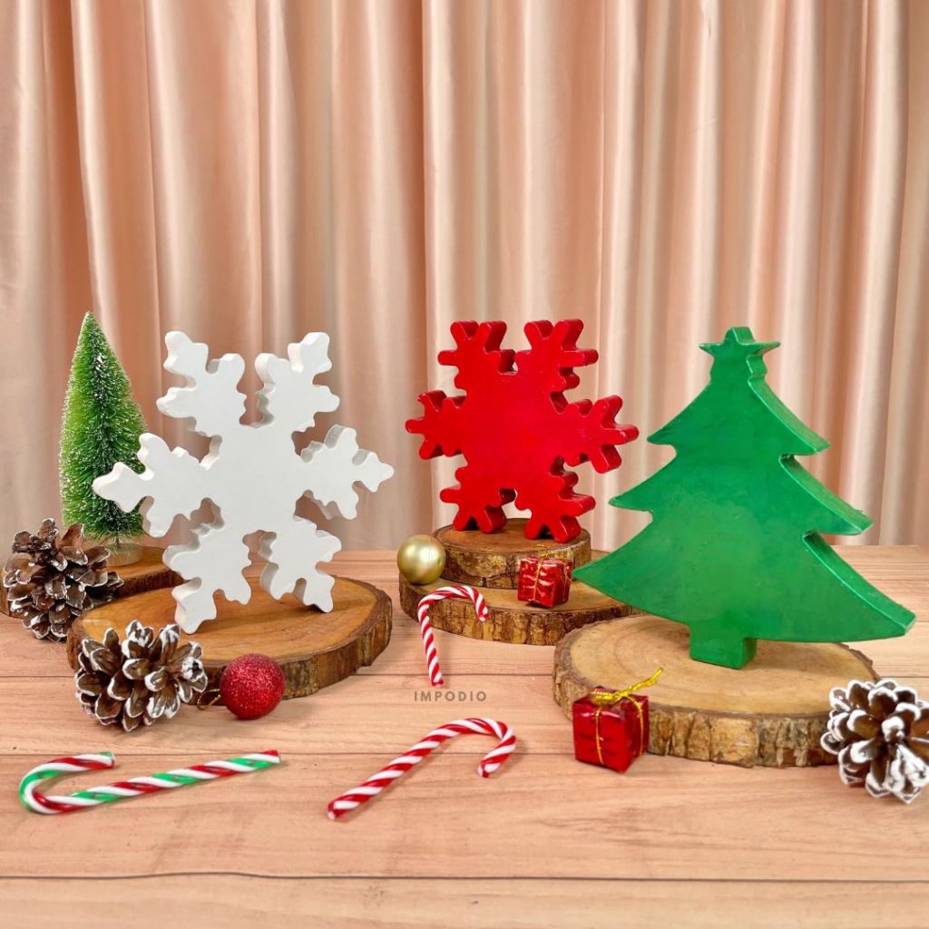 IMPODIO Dekorasi Pohon Natal Kayu & Snowflake - Pajangan Meja & Properti Fotografi Produk | Ornamen Holiday