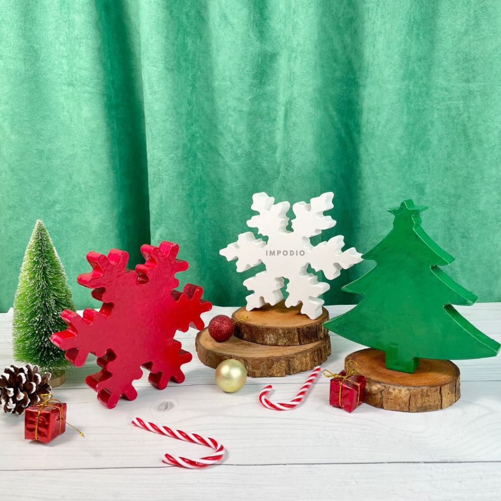 IMPODIO Dekorasi Pohon Natal Kayu & Snowflake - Pajangan Meja & Properti Fotografi Produk | Ornamen Holiday