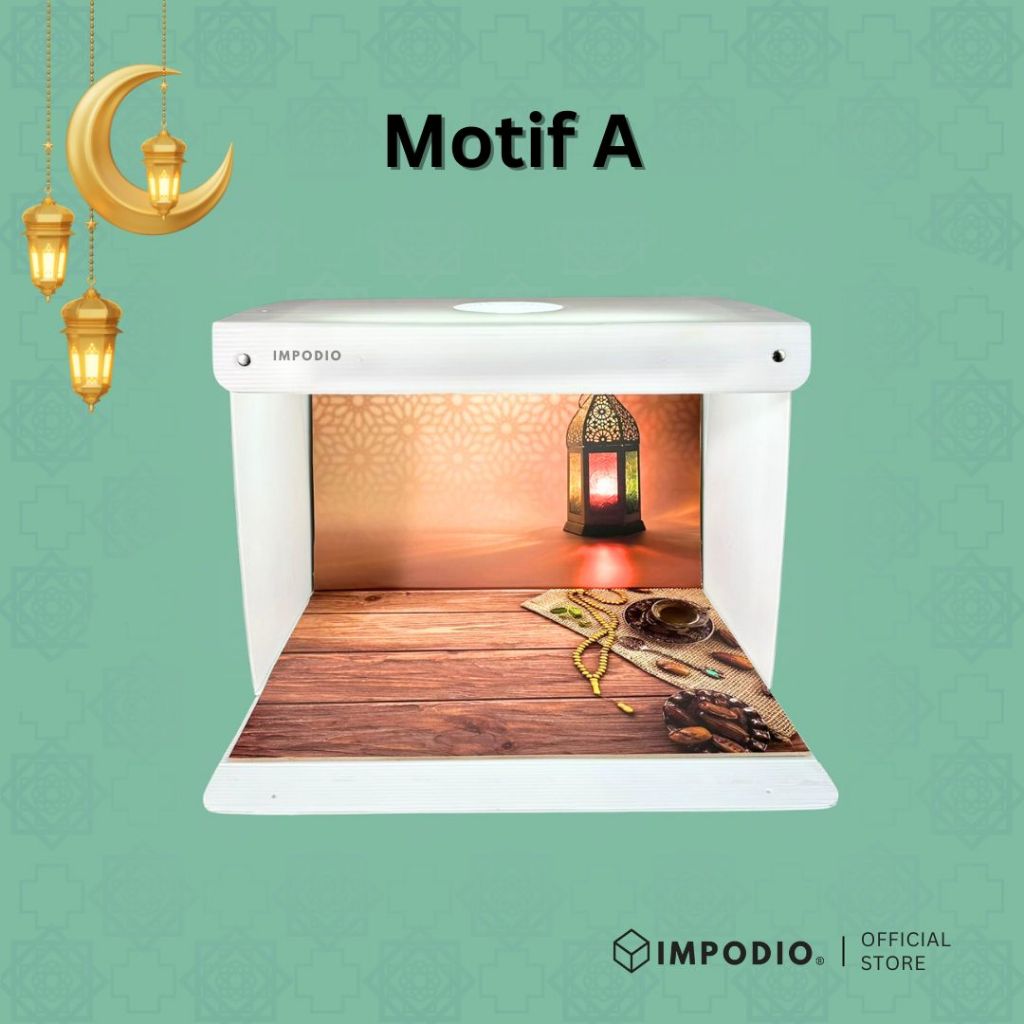 IMPODIO Bundle Mini Studio Box A2 + Alas Background Motif Lebaran - Box Foto Portable Lipat - Paket Hemat Konten Produk
