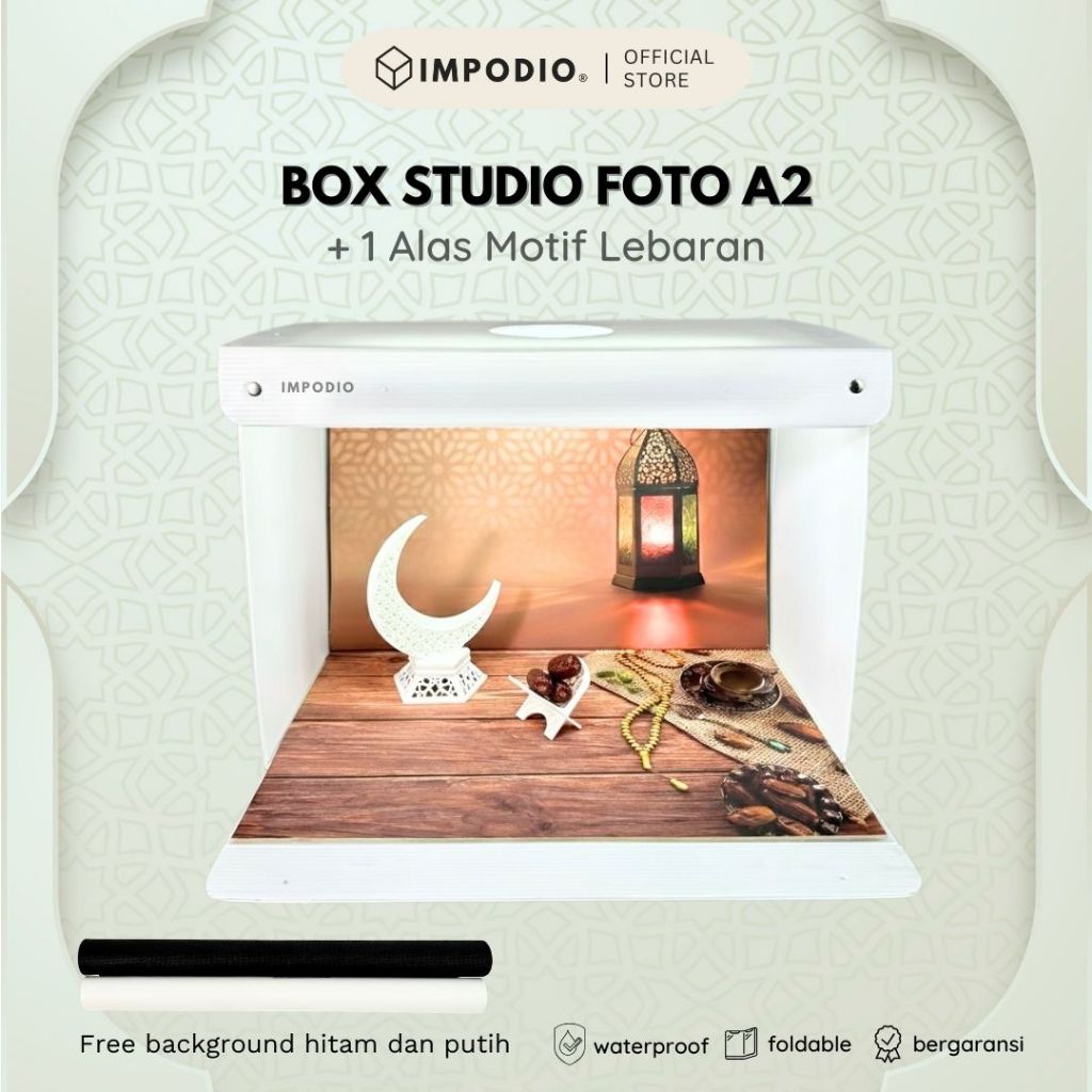 IMPODIO Bundle Mini Studio Box A2 + Alas Background Motif Lebaran - Box Foto Portable Lipat - Paket Hemat Konten Produk