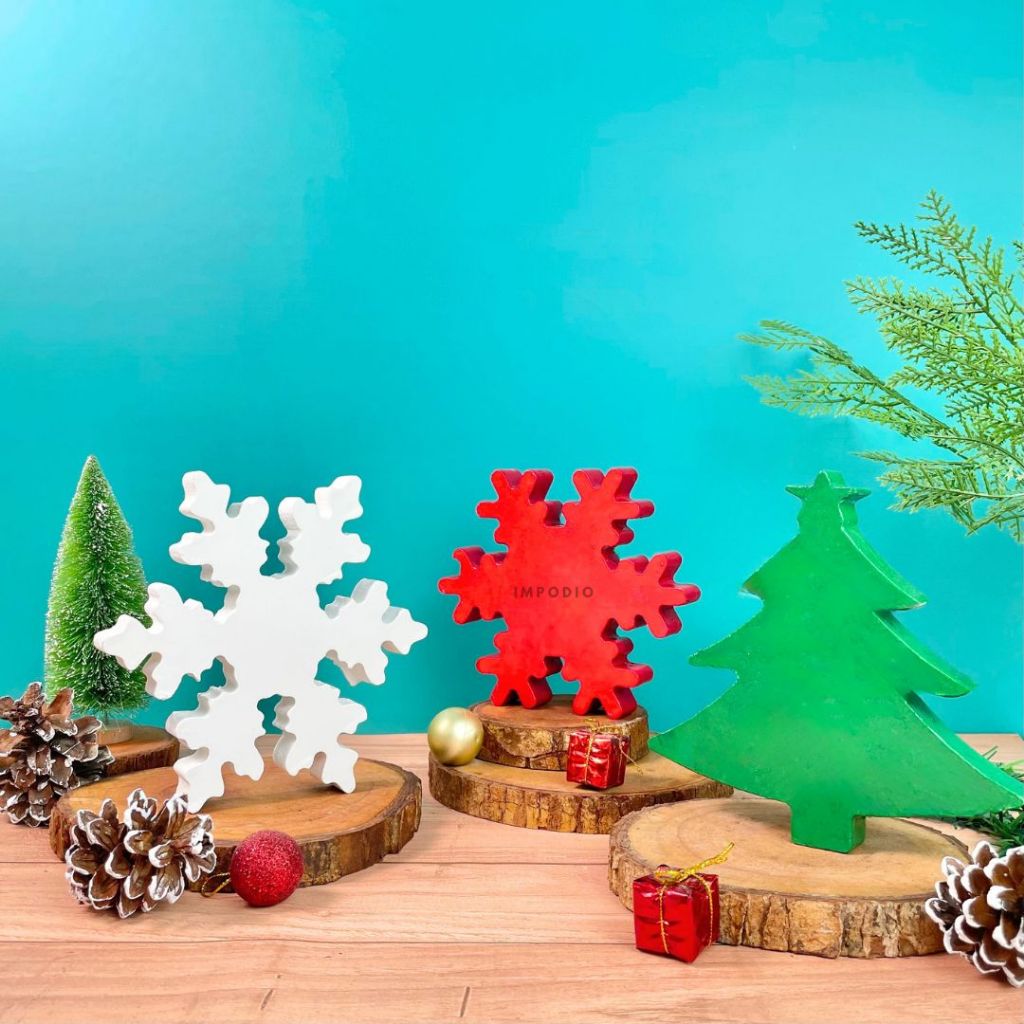IMPODIO Dekorasi Pohon Natal Kayu & Snowflake - Pajangan Meja & Properti Fotografi Produk | Ornamen Holiday