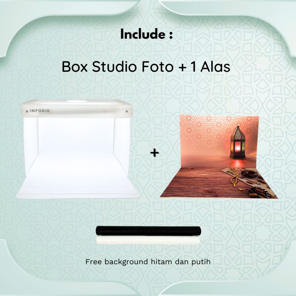IMPODIO Bundle Mini Studio Box A2 + Alas Background Motif Lebaran - Box Foto Portable Lipat - Paket Hemat Konten Produk
