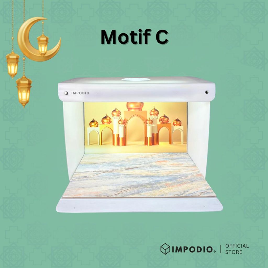 IMPODIO Bundle Mini Studio Box A2 + Alas Background Motif Lebaran - Box Foto Portable Lipat - Paket Hemat Konten Produk