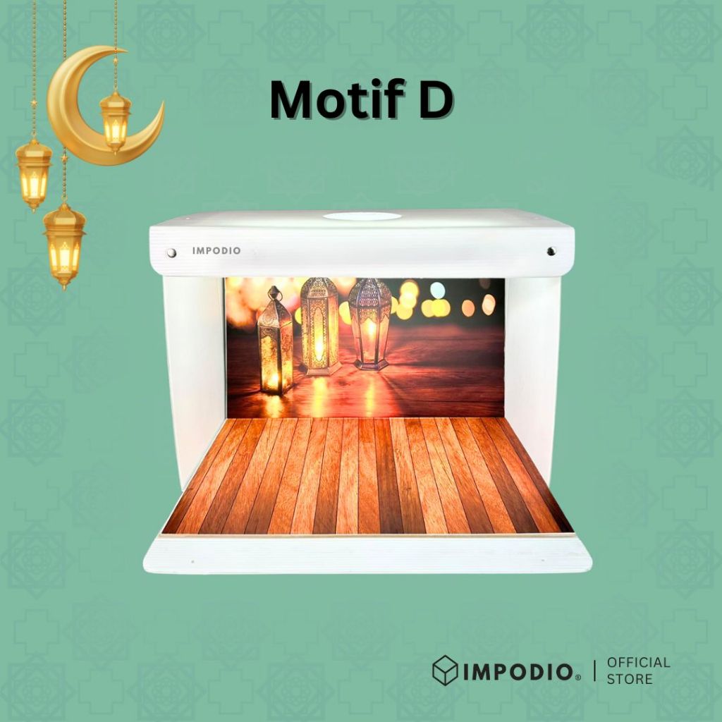 IMPODIO Bundle Mini Studio Box A2 + Alas Background Motif Lebaran - Box Foto Portable Lipat - Paket Hemat Konten Produk