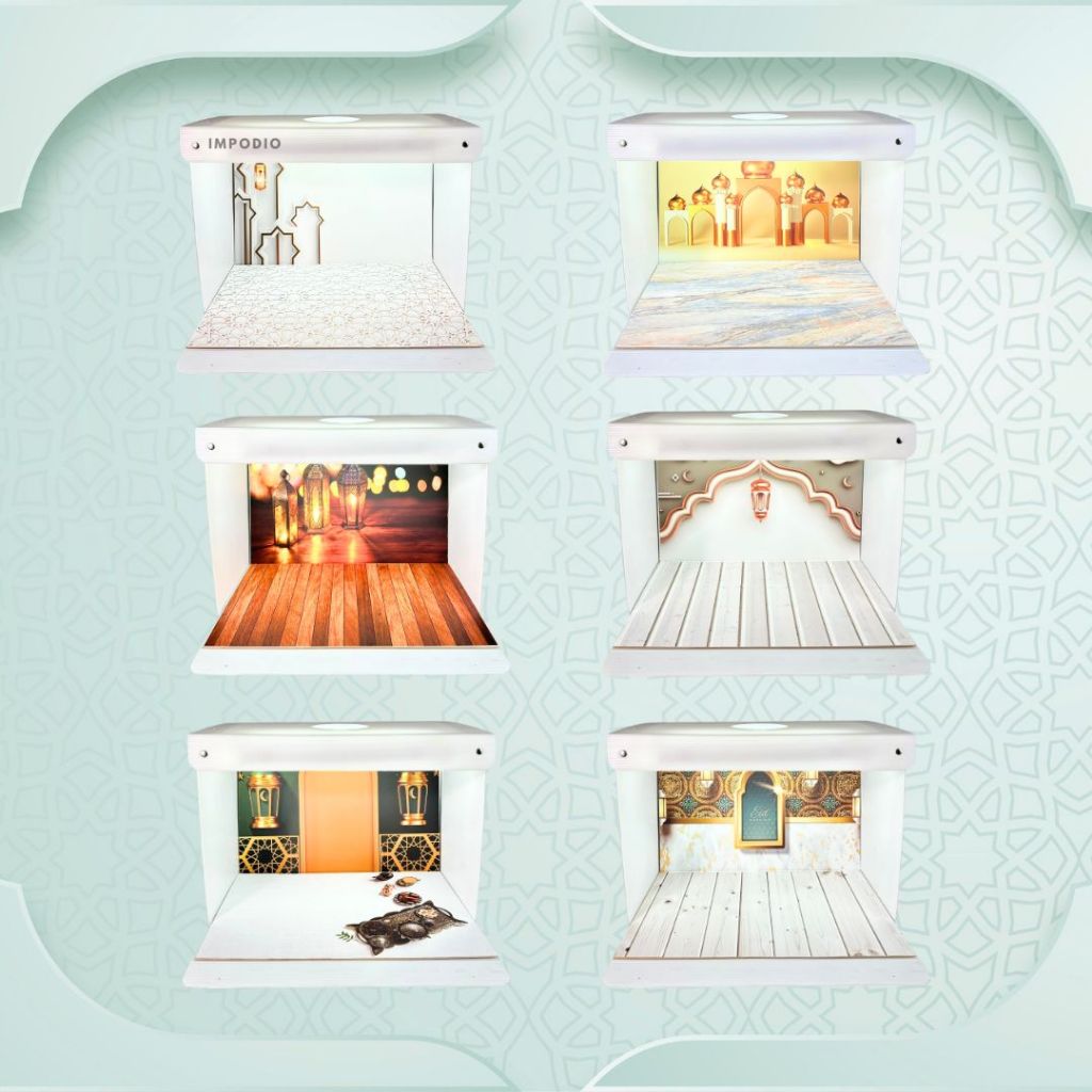 IMPODIO Bundle Mini Studio Box A2 + Alas Background Motif Lebaran - Box Foto Portable Lipat - Paket Hemat Konten Produk