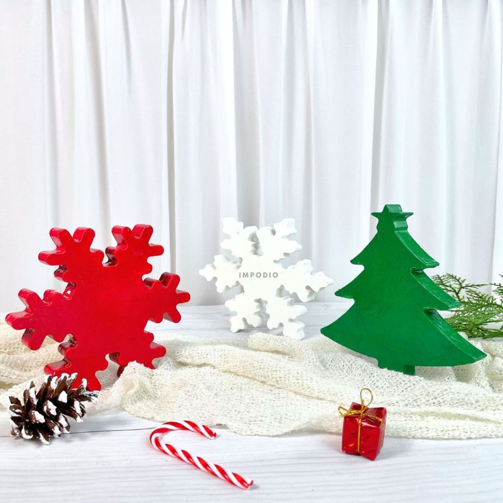 IMPODIO Dekorasi Pohon Natal Kayu & Snowflake - Pajangan Meja & Properti Fotografi Produk | Ornamen Holiday