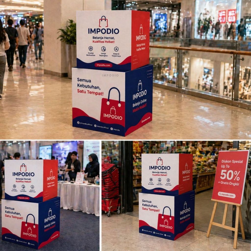 IMPODIO Podium Box Custom Branding 50x50x50 cm – Kubus Display Printing Sticker - Box Display Produk Pameran & Event - Properti Foto Estetik Booth Promosi