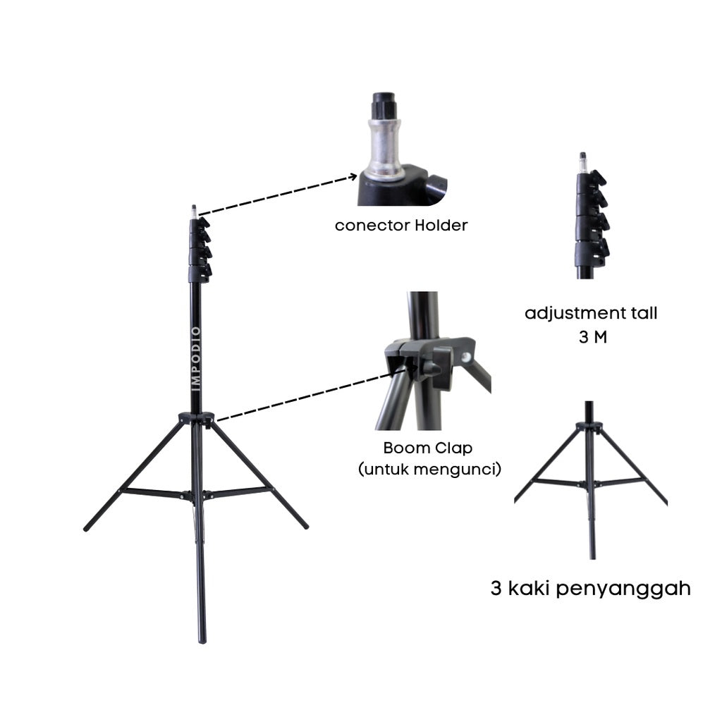 IMPODIO Light Stand Tripod for Studio – lighting Tinggi 300cm dan - tampak samping