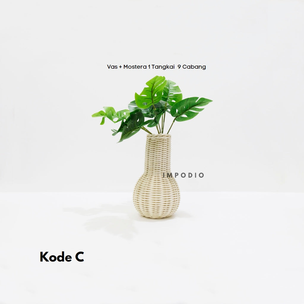 IMPODIO Vas bunga rotan + Paket leaf artificial aksesoris