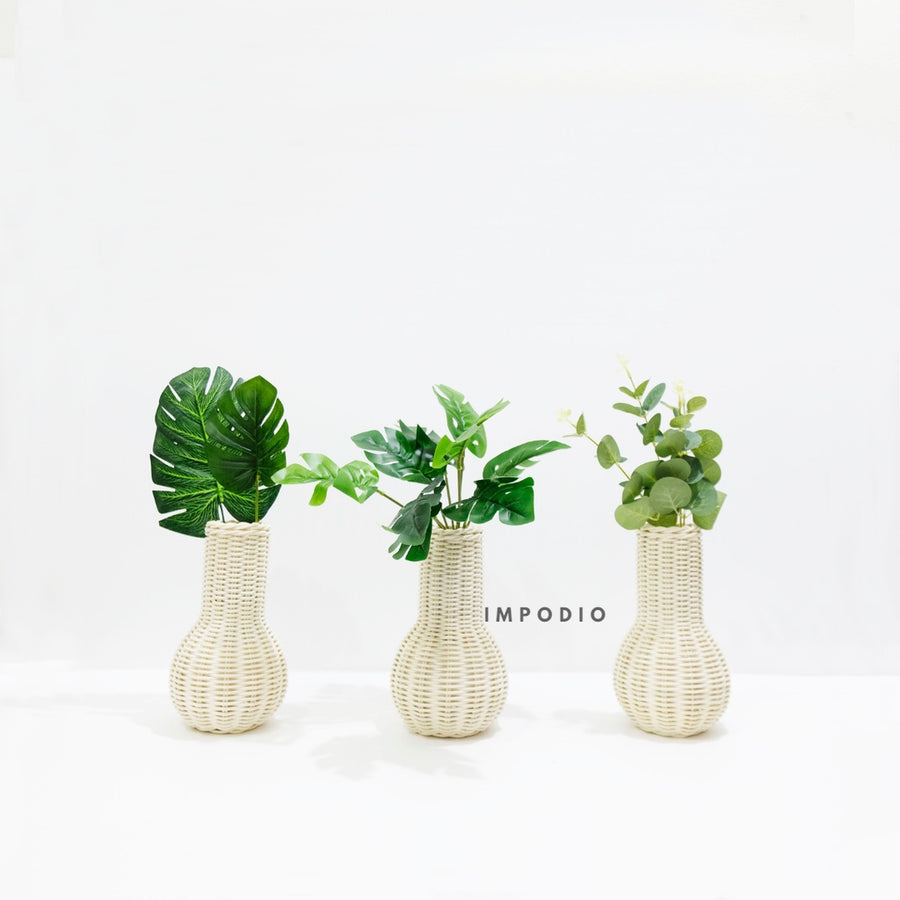 IMPODIO Vas bunga rotan + Paket leaf artificial aksesoris