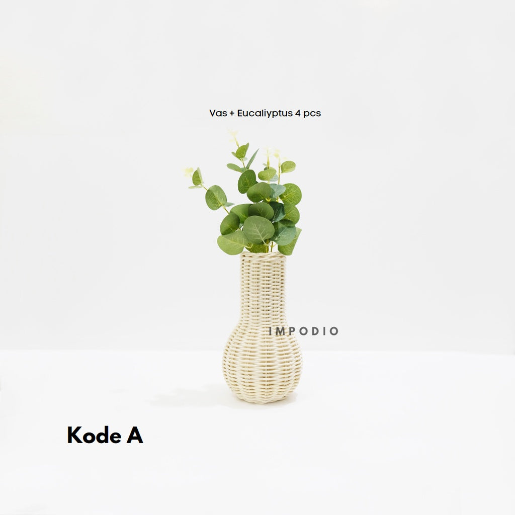 IMPODIO Vas bunga rotan + Paket leaf artificial aksesoris