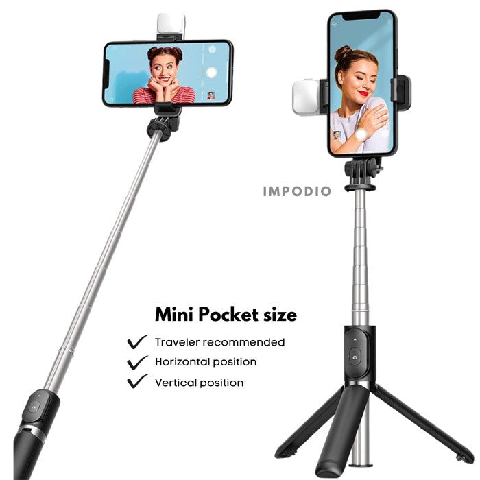 IMPODIO Tripod Selfie Stick with LED Fill Lights - Phone Tripod Stand